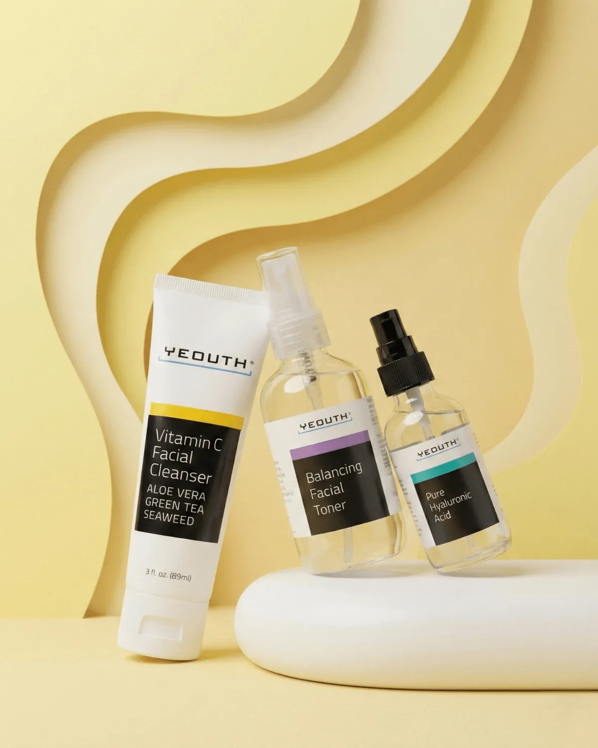 Glow Starter Kit: Vitamin C Facial Cleanser 3 oz, Balancing Facial Toner 3.4 oz & Pure Hyaluronic Acid 1 oz