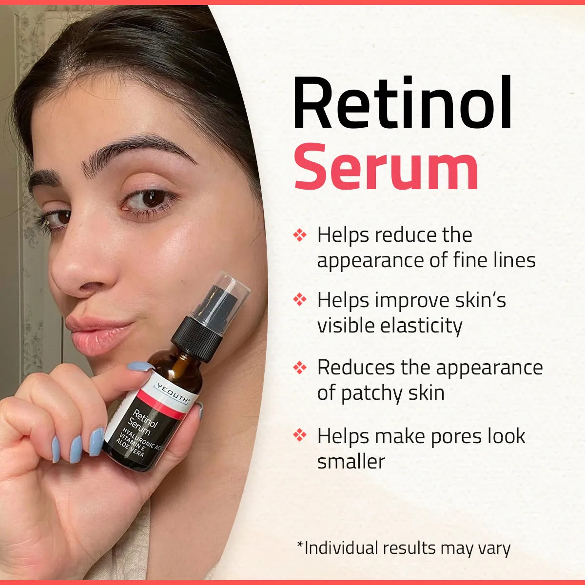 Woman holding YEOUTH best retinol for wrinkles beside text listing benefits like improving elasticity, minimizing fine lines