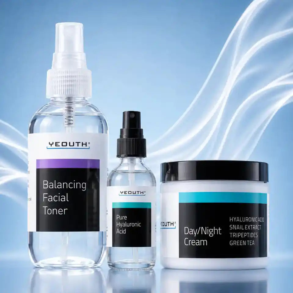 Balancing Face Toner (3.4 fl. oz.) - Formulated with naturally soothing ingredients and locks in moisture to support post-peel skin.
Pure Hyaluronic Acid Serum (1 fl. oz) - Essential for your post-peel skincare regimen as it aids in soothing, moisturizing, and revitalizing the skin.
Day Night Cream (4 fl. oz.) - Multitasking moisturizer that enhances the appearance of skin firmness and smoothness. Formulated to support skin&