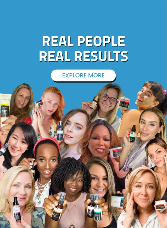 Promotional image with 'Real People Real Results' text and people holding products against a blue background.
