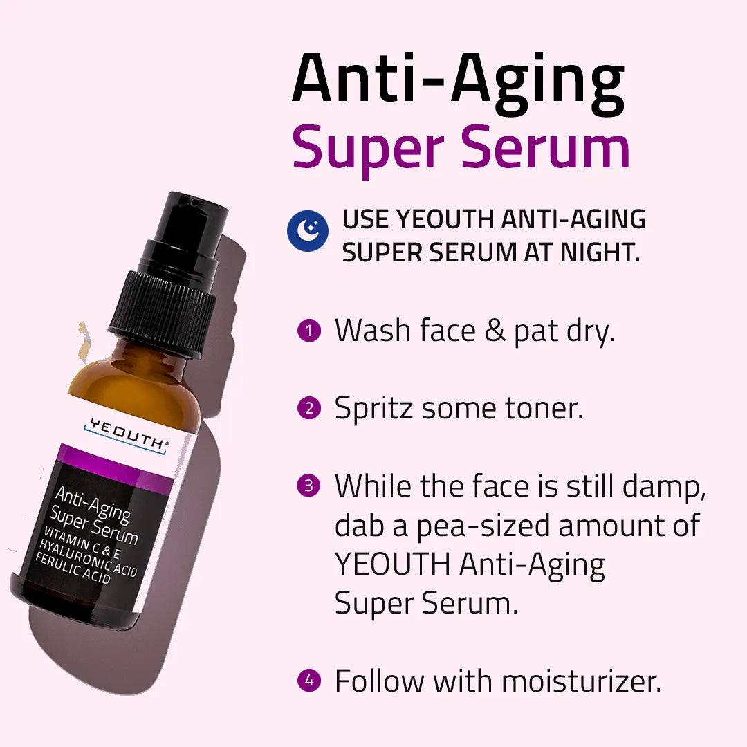 Anti-Aging Super Serum 1 oz YEOUTH Anti Aging dark spot serum beside step-by-step nighttime routine instructions after cleansing and toning.