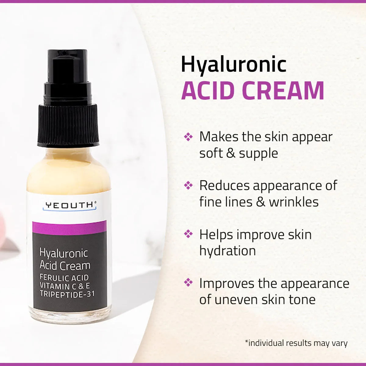 YEOUTH best moisturizer for dry skin bottle with text highlighting benefits like hydration, smoothness, and even skin tone