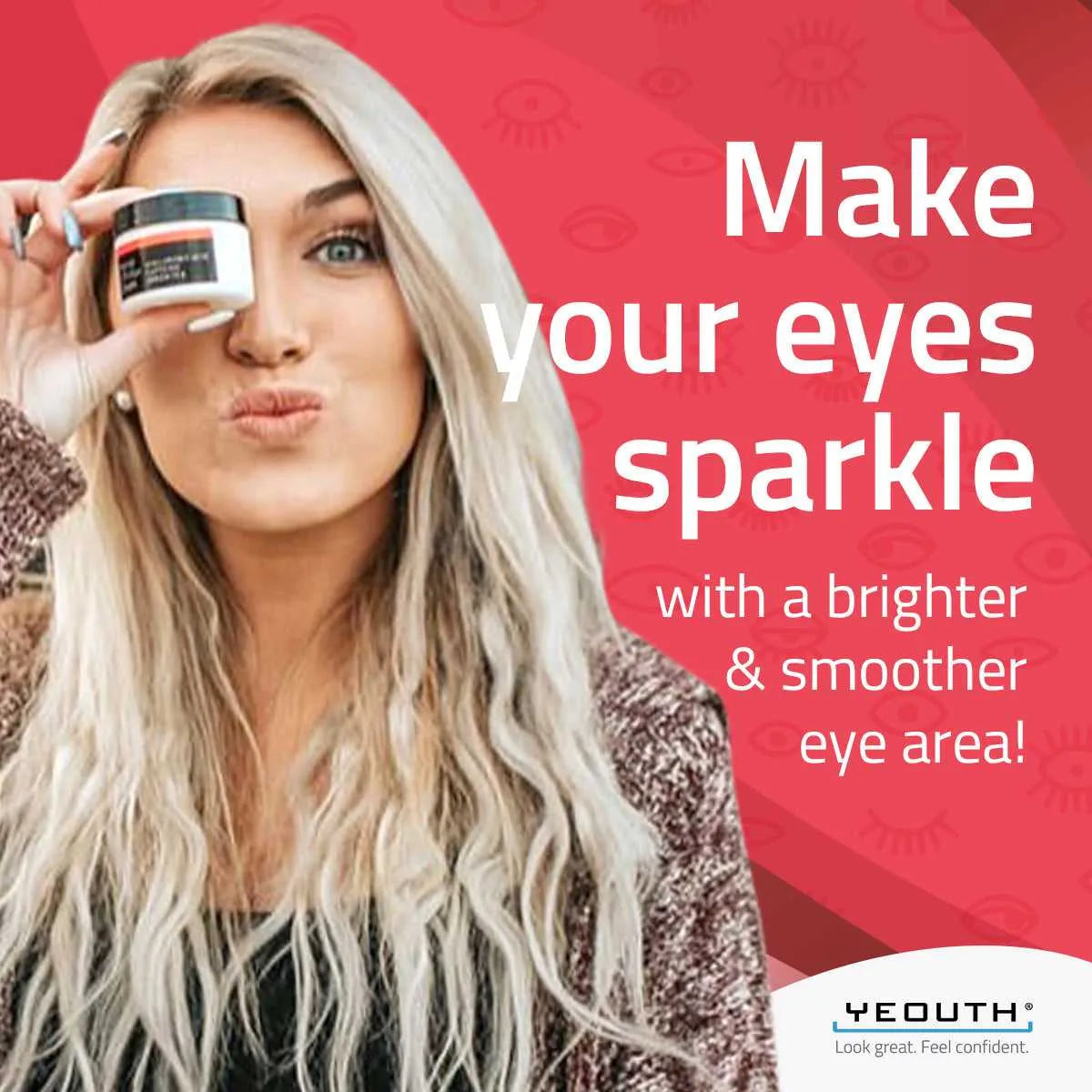 Retinol Eye Cream with Tripeptide Complex and Hyaluronic Acid Woman holding YEOUTH Retinol Eye Cream near her eye with text promoting brighter, smoother looking under eye area.