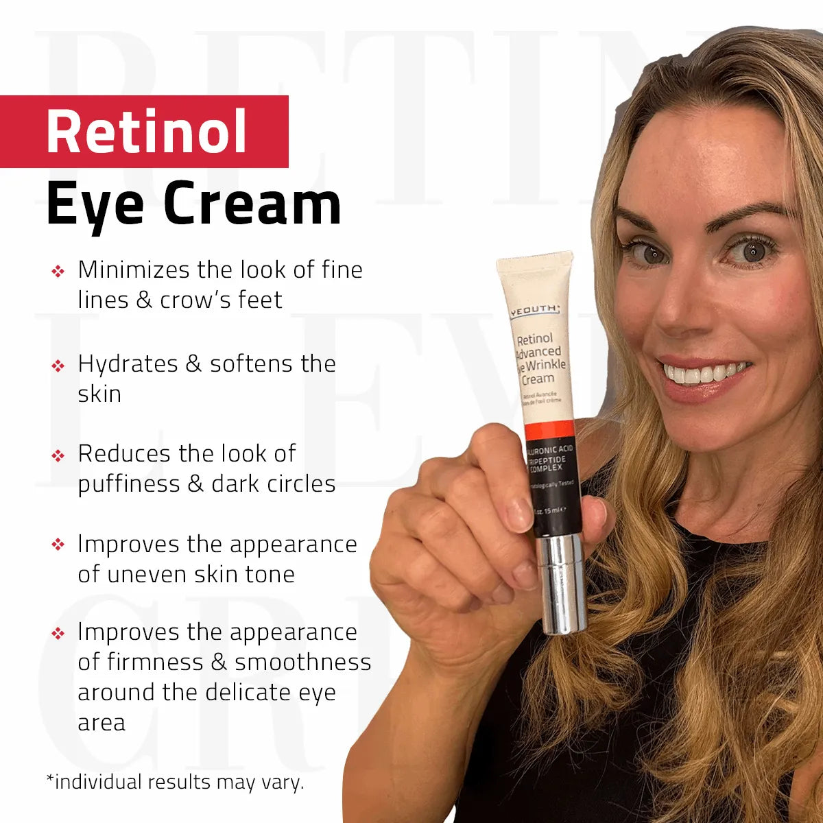 Retinol Eye Cream with Tripeptide Complex and Hyaluronic Acid 15ml Woman holding YEOUTH Retinol Eye Cream with benefits, including smoother look, hydration, and reduced visible puffiness.