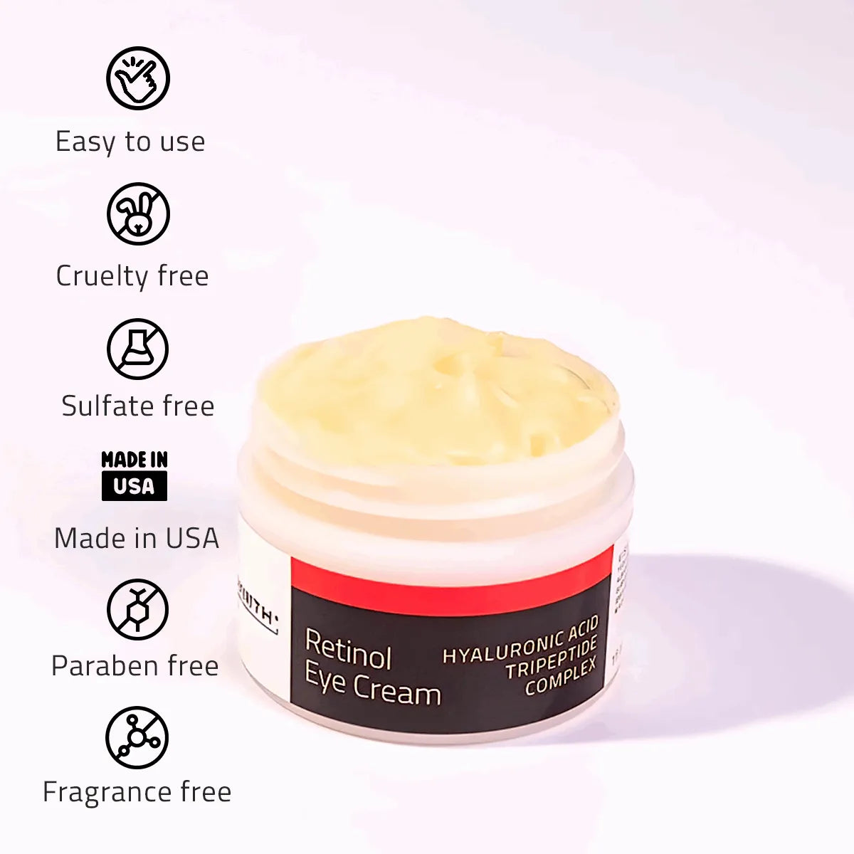 Retinol Eye Cream with Tripeptide Complex and Hyaluronic Acid Open YEOUTH Retinol Eye Cream with clean beauty icons showing cruelty free, sulfate free, paraben free, fragrance free.