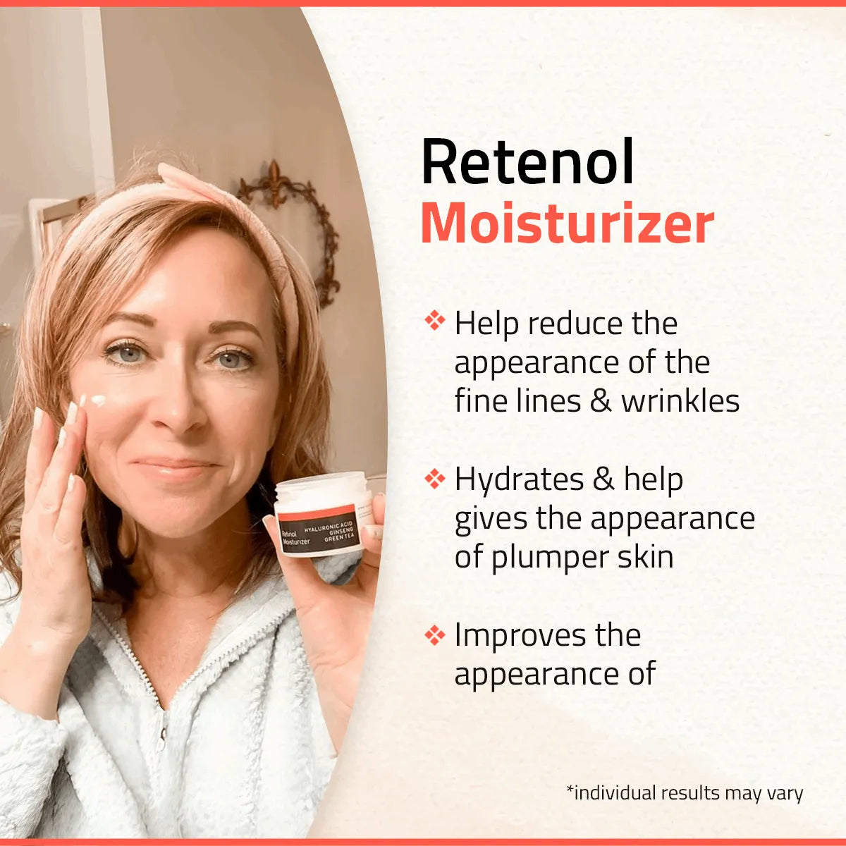 Retinol Moisturizer Woman applying YEOUTH Retinol face cream, showing product benefits like hydration and smoother-looking skin with disclaimer.