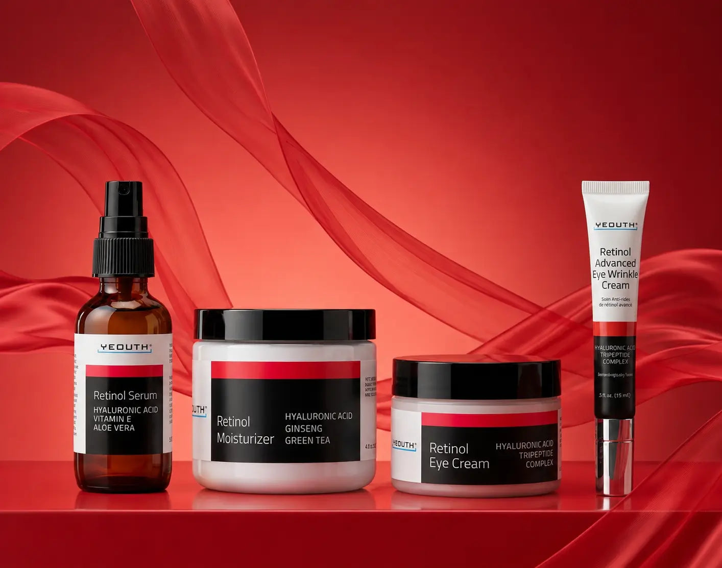 Retinol product line up, retinol serum, retinol eye cream, retinol cream for face