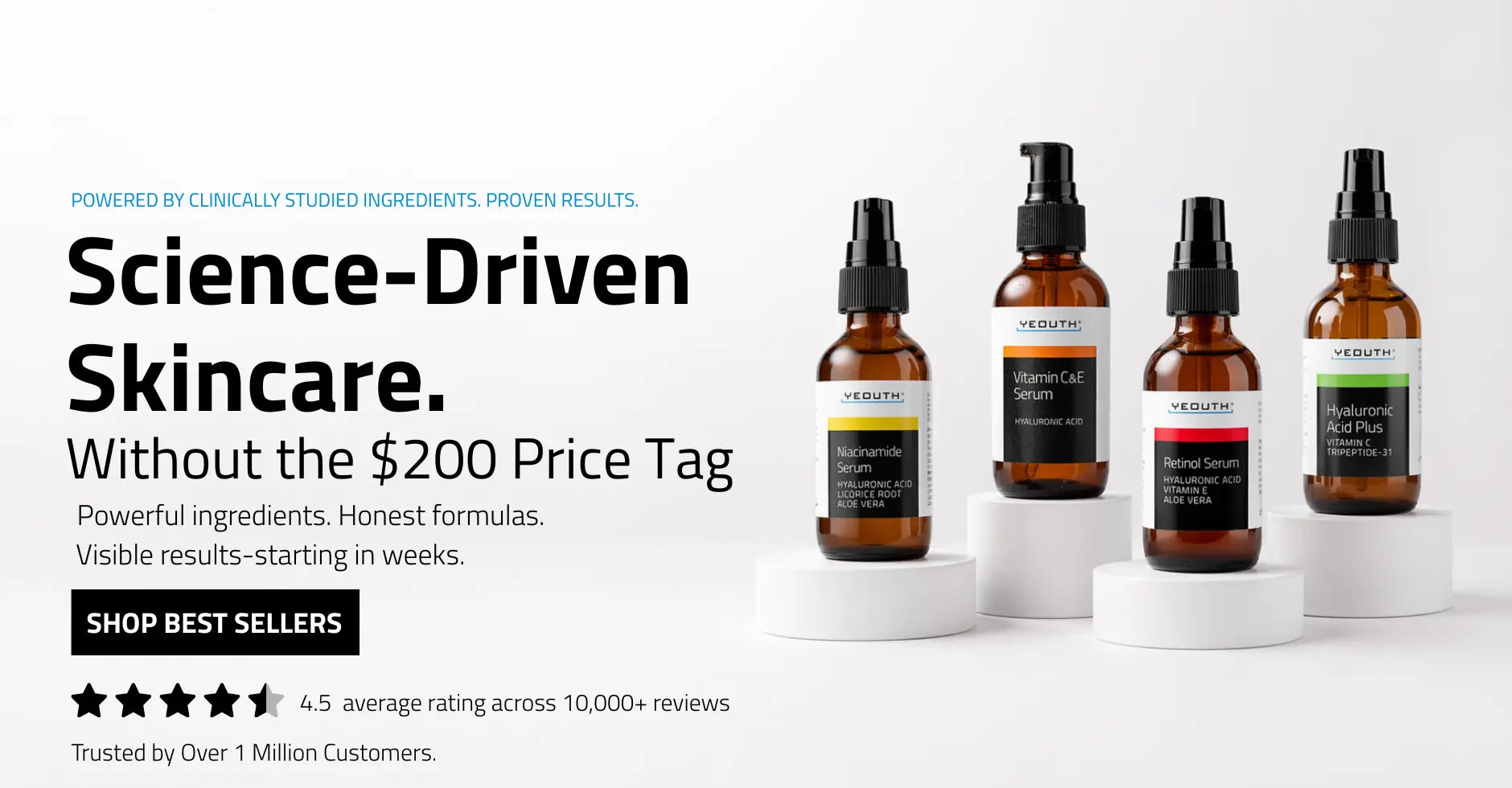 Set of skincare bottles with a promotional text about science-driven skincare on a white background