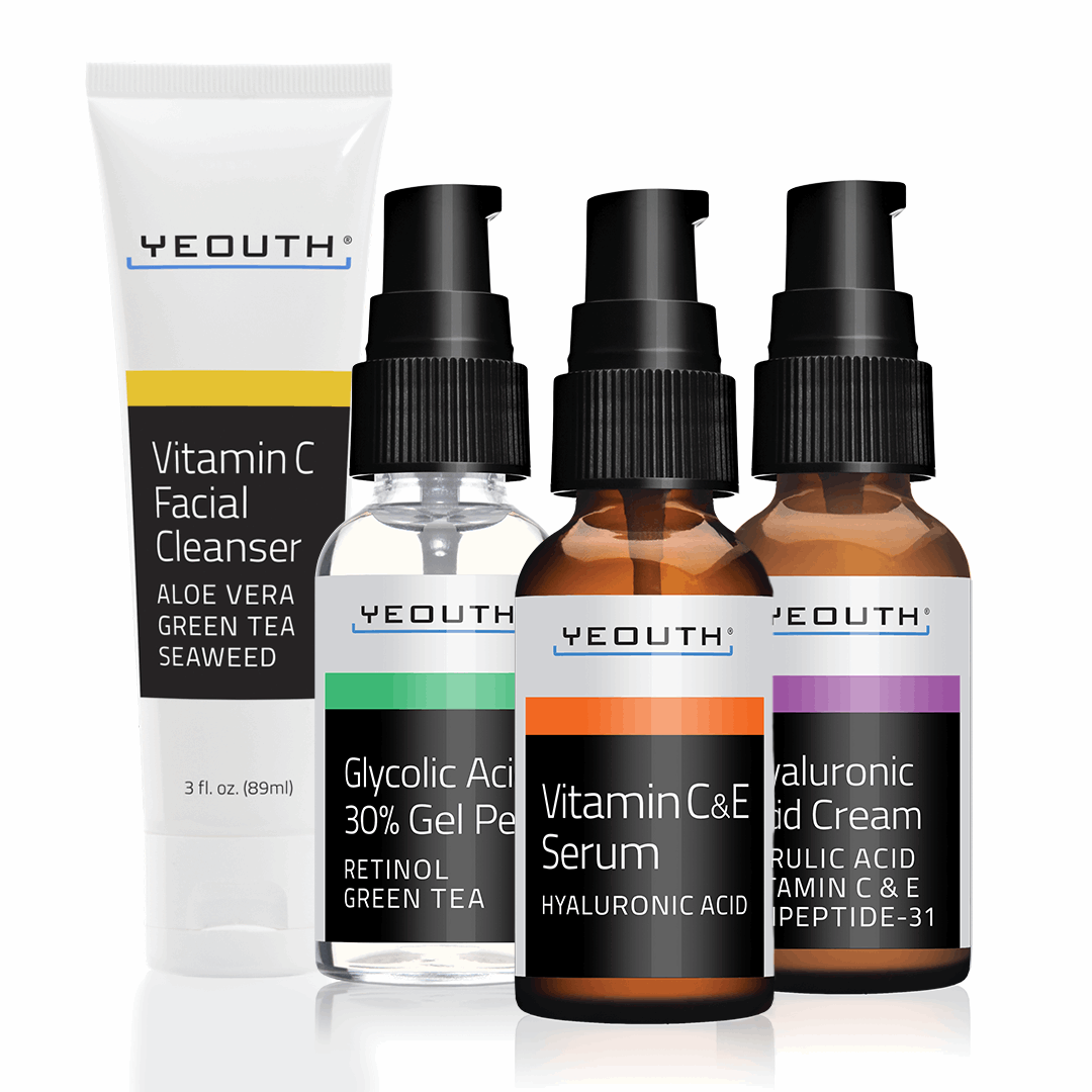 Bright and Even Tone: Vitamin C Cleanser 3 oz, Glycolic Acid 30% Gel Peel 1 oz, Vitamin C & E Serum 1 oz & Hyaluronic Acid Cream 1 oz Bright and Even Tone: Vitamin C Cleanser 3 oz, Glycolic Acid 30% Gel Peel 1 oz, Vitamin C & E Serum 1 oz & Hyaluronic Acid Cream 1 oz