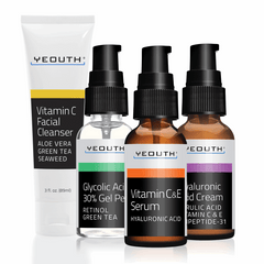 Bright and Even Tone: Vitamin C Cleanser 3 oz, Glycolic Acid 30% Gel Peel 1 oz, Vitamin C & E Serum 1 oz & Hyaluronic Acid Cream 1 oz Bright and Even Tone: Vitamin C Cleanser 3 oz, Glycolic Acid 30% Gel Peel 1 oz, Vitamin C & E Serum 1 oz & Hyaluronic Acid Cream 1 oz