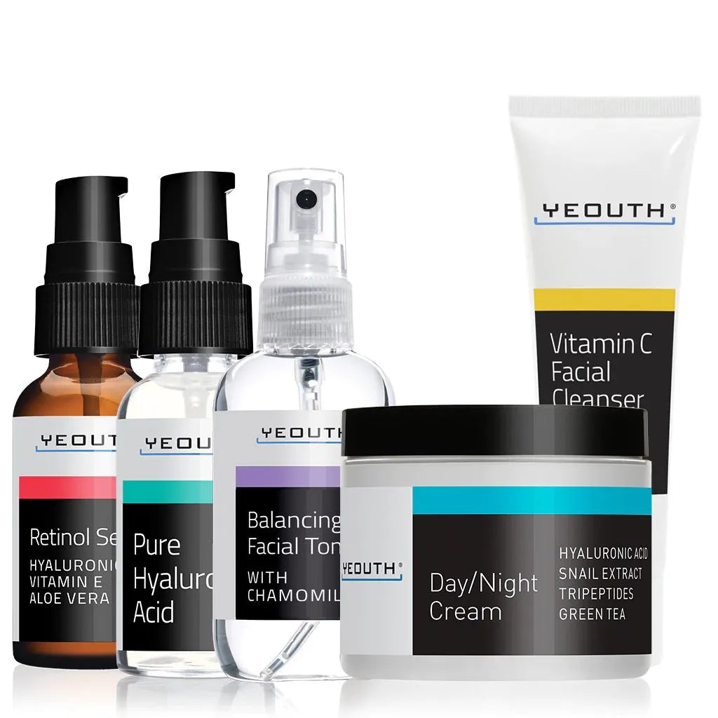 Clear Skin Essentials: Retinol Serum 1 oz & Pure Hyaluronic Acid 1 oz & Balancing Facial Toner 3.4 oz & Day/Night Cream 4 oz & Vitamin C Facial Cleanser 3 oz Clear Skin Essentials: Retinol Serum 1 oz & Pure Hyaluronic Acid 1 oz & Balancing Facial Toner 3.4 oz & Day/Night Cream 4 oz & Vitamin C Facial Cleanser 3 oz Clear Skin Essentials: Retinol Serum 1 oz & Pure Hyaluronic Acid 1 oz & Balancing Facial Toner 3.4 oz & Day/Night Cream 4 oz & Vitamin C Facial Cleanser 3 oz