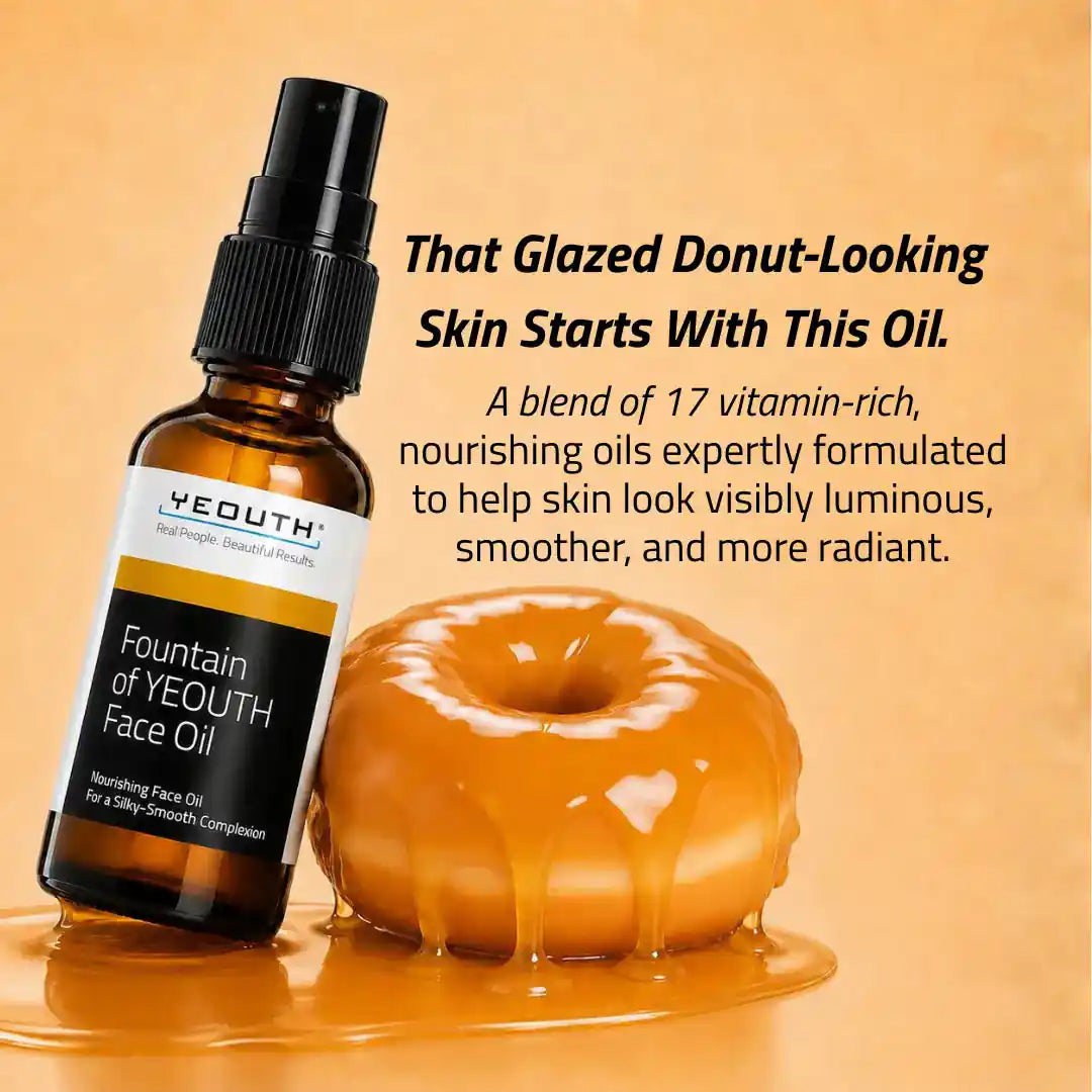 Fountain of Youth face oil bottle with a glazed donut on an orange background