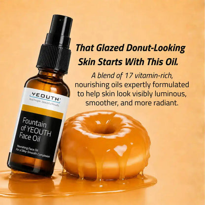 Fountain of Youth face oil bottle with a glazed donut on an orange background