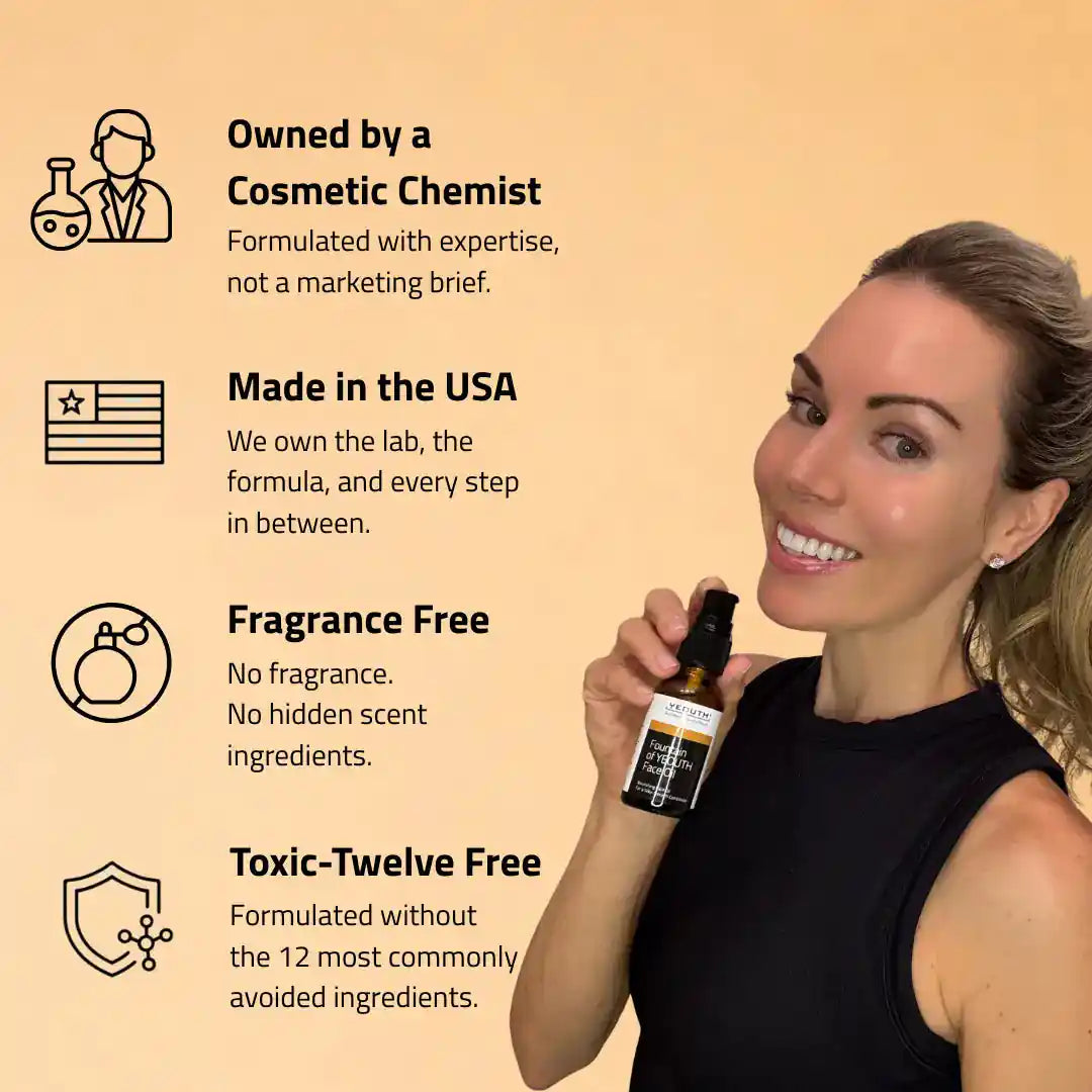 Woman holding a bottle of skincare product with certification icons and text on a beige background