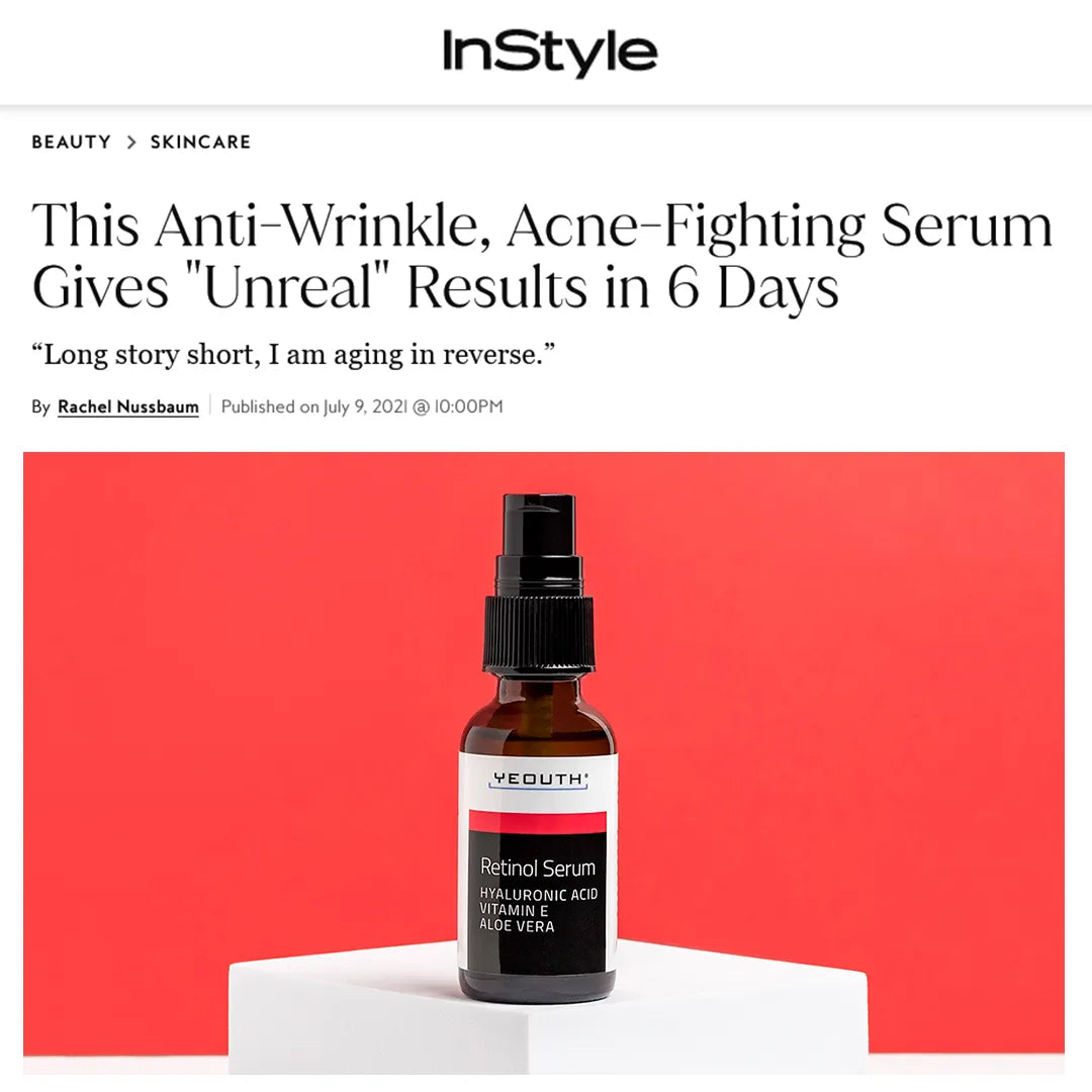 YEOUTH retinal serum bottle with Hyaluronic Acid, Vitamin E, and Aloe Vera featured in InStyle.