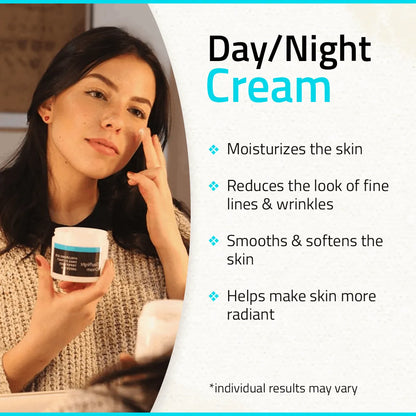 Day Night Cream with Snail Extract Woman applying YEOUTH moisturizer to her face while holding day cream jar, with text benefits like moisturizing, smoothing