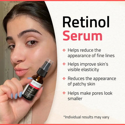 Woman holding YEOUTH best retinol for wrinkles beside text listing benefits like improving elasticity, minimizing fine lines