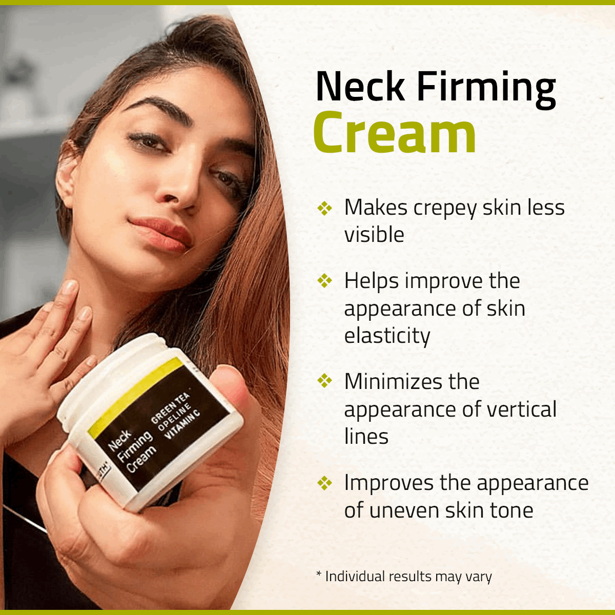 Woman holding a jar of YEOUTH nectifirm and benefits such as improving skin elasticity and minimizing lines.