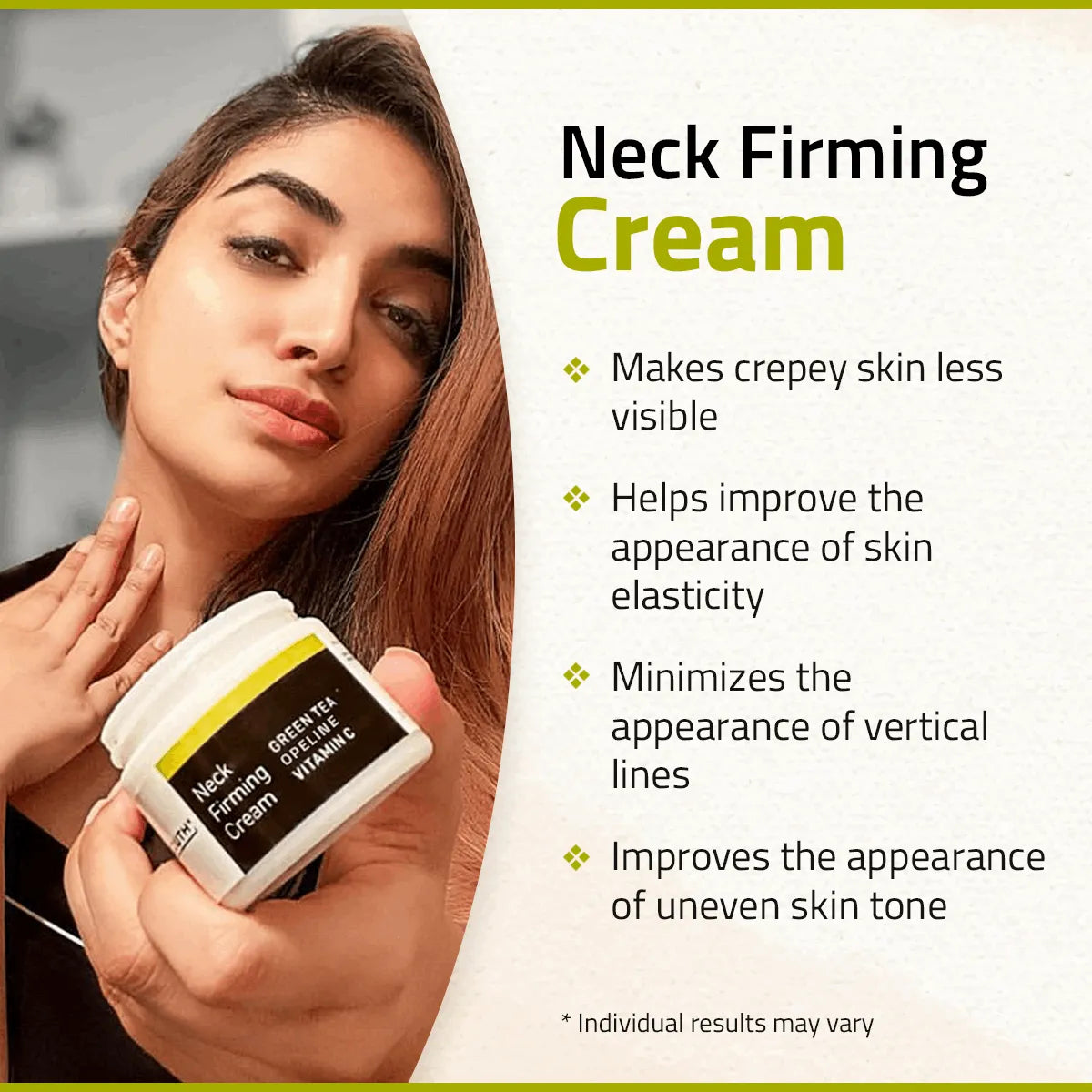Neck Firming Cream with Green Tea and Vitamin C Woman holding a jar of YEOUTH nectifirm and benefits such as improving skin elasticity and minimizing lines.
