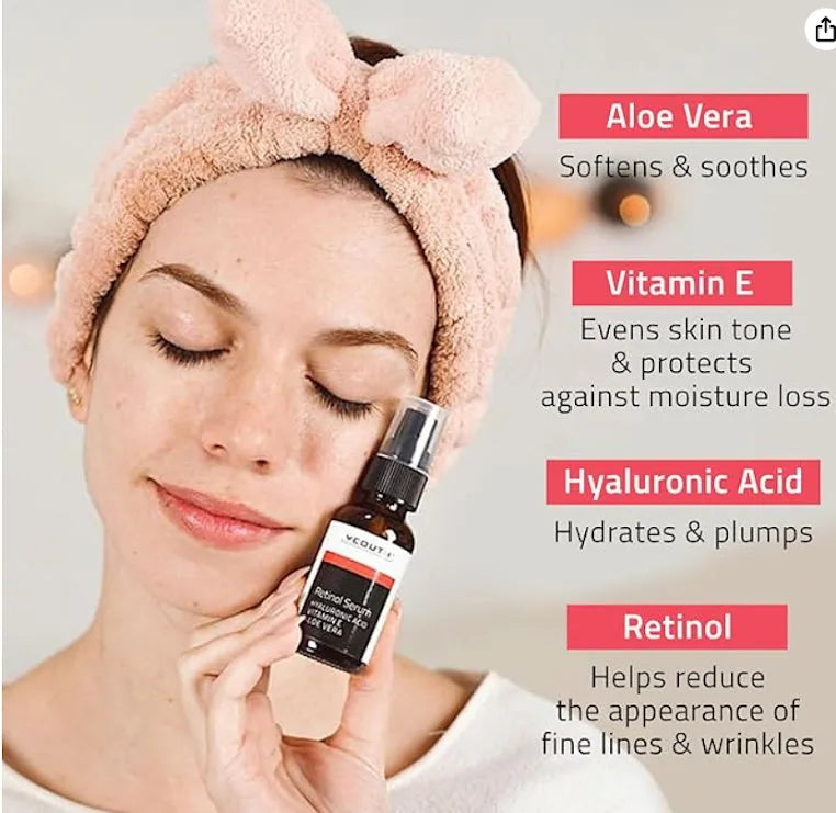 Woman holding YEOUTH retinol serum for face beside labeled ingredients Aloe Vera, Vitamin E, Hyaluronic Acid.