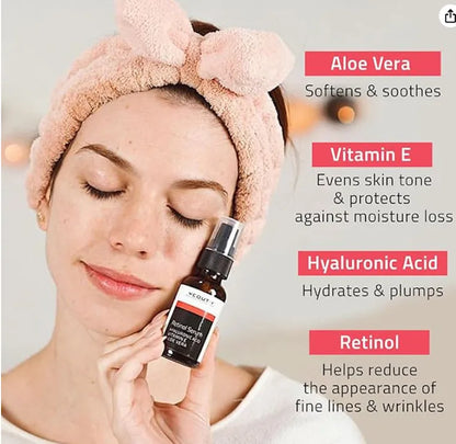 Woman holding YEOUTH retinol serum for face beside labeled ingredients Aloe Vera, Vitamin E, Hyaluronic Acid.