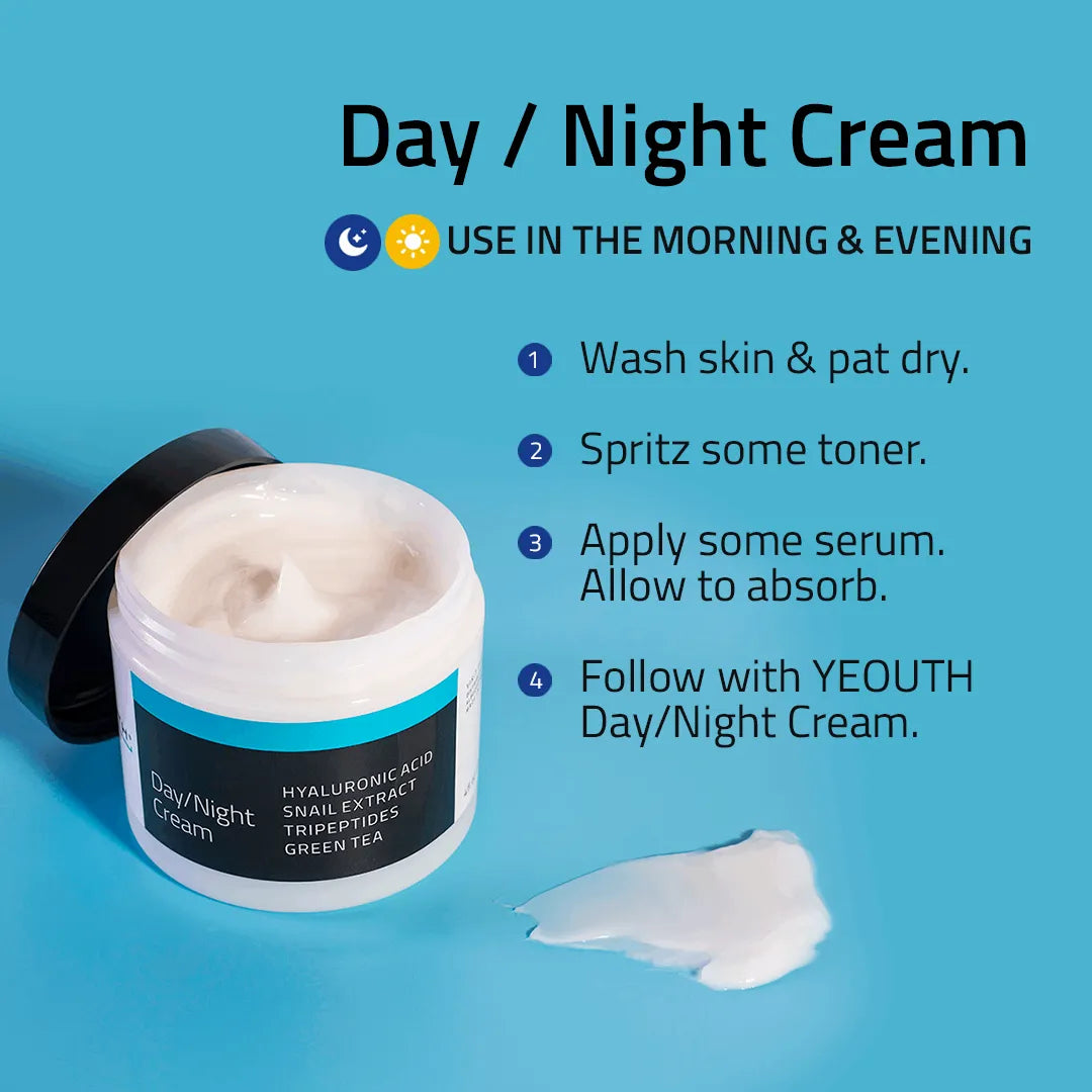 Day Night Cream with Snail Extract Open jar of YEOUTH hydrating cream with usage steps showing morning and evening routine instructions for application.