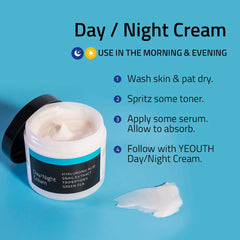 Day Night Cream with Snail Extract Open jar of YEOUTH hydrating cream with usage steps showing morning and evening routine instructions for application.
