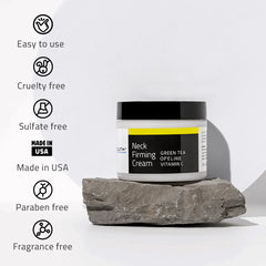 Neck Firming Cream with Green Tea and Vitamin C YEOUTH best neck tightening cream jar beside step-by-step usage guide showing day and night application instructions.