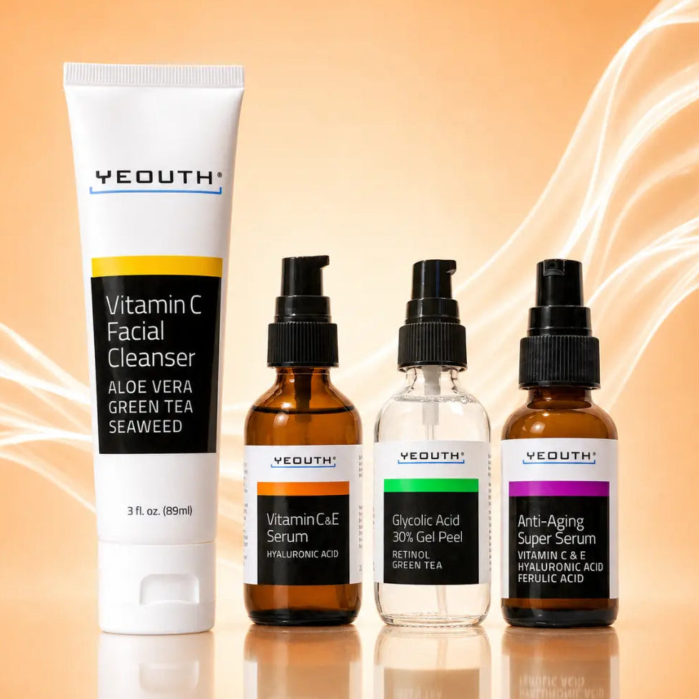 &amp;nbsp;Vitamin C Face Cleanser (3 fl.oz.)&amp;nbsp;- Gently cleanses to promote a bright, refreshed&amp;nbsp; &amp;nbsp; &amp;nbsp; &amp;nbsp; &amp;nbsp; &amp;nbsp; &amp;nbsp; &amp;nbsp;appearance.
Glycolic Acid 30% Gel Peel (1 fl.oz.) - An excellent exfoliator that is gentle enough even for sensitive skin, promoting a fresher, more radiant complexion.
Vitamin C &amp;amp; E Serum (1 fl.oz) - Packed with antioxidants that help enhance skin radiance while promoting brightness and quenching dry, thirsty skin.
Hyaluronic Acid Cream&amp;nbsp; (1 fl.oz.)&amp;nb