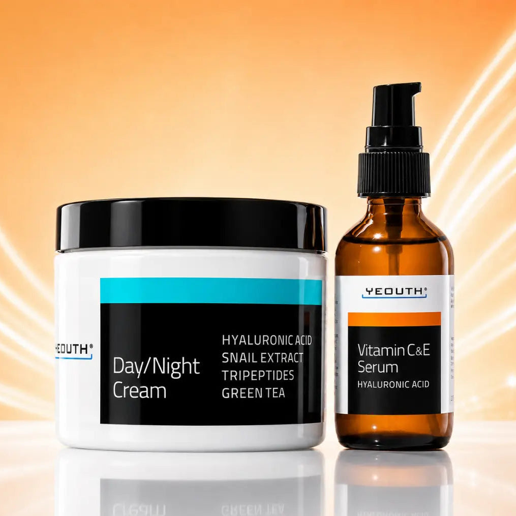 Day/Night Cream jar and Vitamin C&amp;E Serum bottle with YEOUTH branding on an orange gradient background.