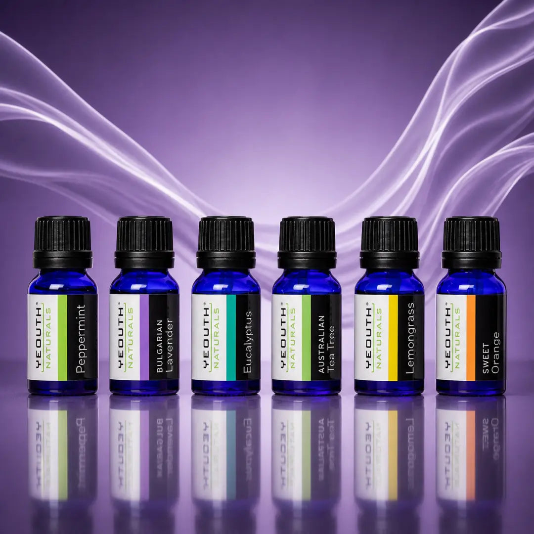YEOUTH Pure Essential Oils Set includes six distinctive scents:

Australian Tea Tree

Peppermint&amp;nbsp;

Eucalyptus

French Lavender

Sweet Orange&amp;nbsp;

Lemongrass