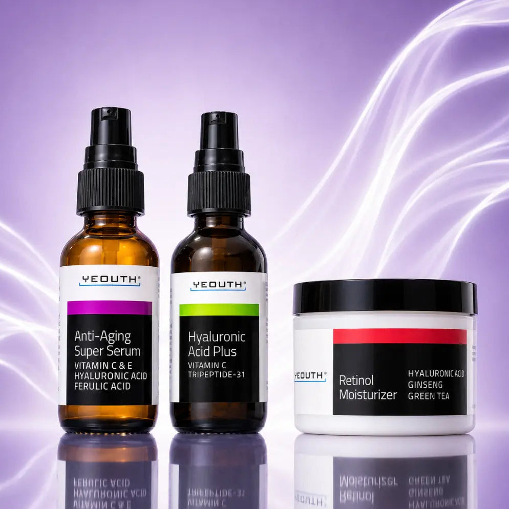 Anti Aging Serum (1 fl. oz) - Deeply-hydrating serum that helps minimize the appearance of signs of aging such as dry skin, fine lines, and wrinkles.

Hyaluronic Acid Plus (1 fl. oz) - Brightens and enhances skin texture while promoting a firmer and more elastic appearance.

Retinol Moisturizer (4 fl. oz)- Multitasking night cream that replenishes skin moisture and gently exfoliates to help minimize the appearance of fine lines and wrinkles.