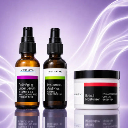 Anti Aging Serum (1 fl. oz) - Deeply-hydrating serum that helps minimize the appearance of signs of aging such as dry skin, fine lines, and wrinkles.

Hyaluronic Acid Plus (1 fl. oz) - Brightens and enhances skin texture while promoting a firmer and more elastic appearance.

Retinol Moisturizer (4 fl. oz)- Multitasking night cream that replenishes skin moisture and gently exfoliates to help minimize the appearance of fine lines and wrinkles.