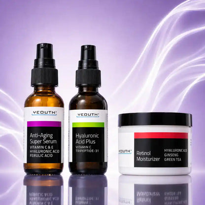 Anti Aging Serum (1 fl. oz) - Deeply-hydrating serum that helps minimize the appearance of signs of aging such as dry skin, fine lines, and wrinkles.

Hyaluronic Acid Plus (1 fl. oz) - Brightens and enhances skin texture while promoting a firmer and more elastic appearance.

Retinol Moisturizer (4 fl. oz)- Multitasking night cream that replenishes skin moisture and gently exfoliates to help minimize the appearance of fine lines and wrinkles.