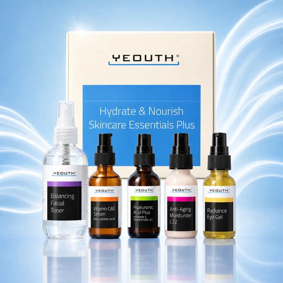 Balancing Facial Toner (3.4 fl. oz.) - Refreshing mist that moistens, soothes and preps skin prior to serum and moisturizer application.

Vitamin C &amp;amp; E Serum (1 fl. oz) - Revitalizing serum that hydrates and brightens for a more vibrant, glowing complexion.

Hyaluronic Acid Plus Serum (1 fl. oz) - Hydrating serum that helps improve the look of wrinkles, fine lines, and dullness.

Radiance Eye Gel (1 fl. oz) - Soothing eye gel that helps reduce the appearance of puffiness, intensely hydrates,