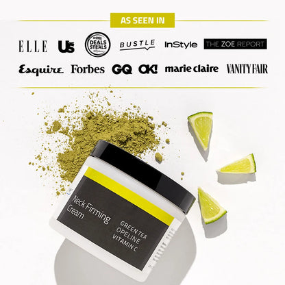 Neck Firming Cream with Green Tea and Vitamin C YEOUTH best cream for turkey neck with ‘As Seen In’ banner featuring media logos like InStyle, Forbes, and Vanity Fair.