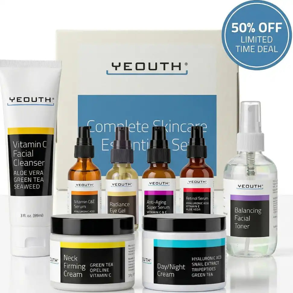 Yeouth skincare product set with various bottles and a box on a white background