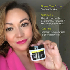 Neck Firming Cream with Green Tea and Vitamin C Woman holding a jar of YEOUTH best neck cream neck, with text highlighting Green Tea Extract, Vitamin C, and Opeline benefits.
