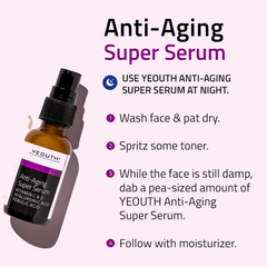 YEOUTH Anti Aging dark spot serum beside step-by-step nighttime routine instructions after cleansing and toning.