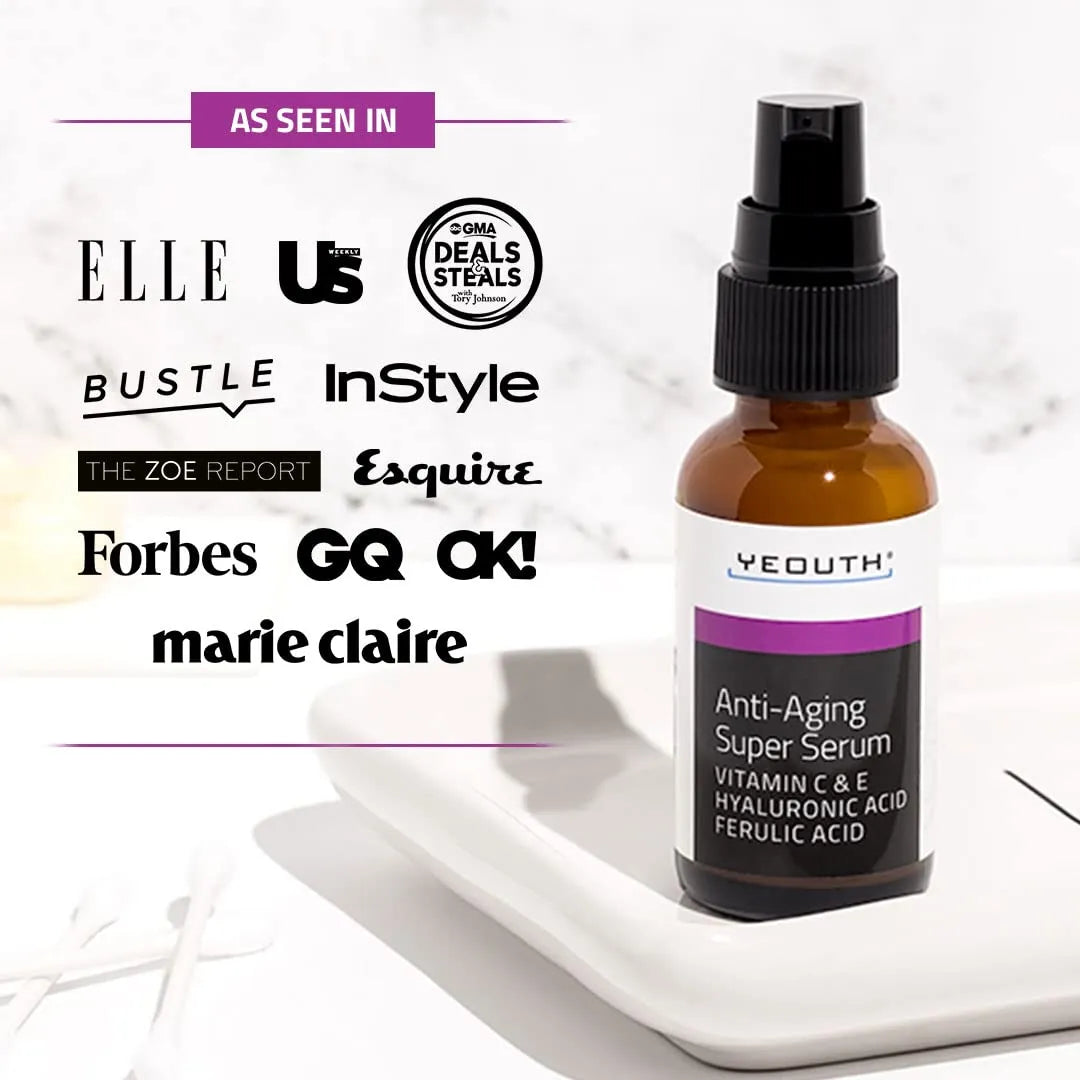 YEOUTH Anti Aging hydrating serum bottle with media logos including ELLE, InStyle, Forbes, GQ, and Marie Claire.