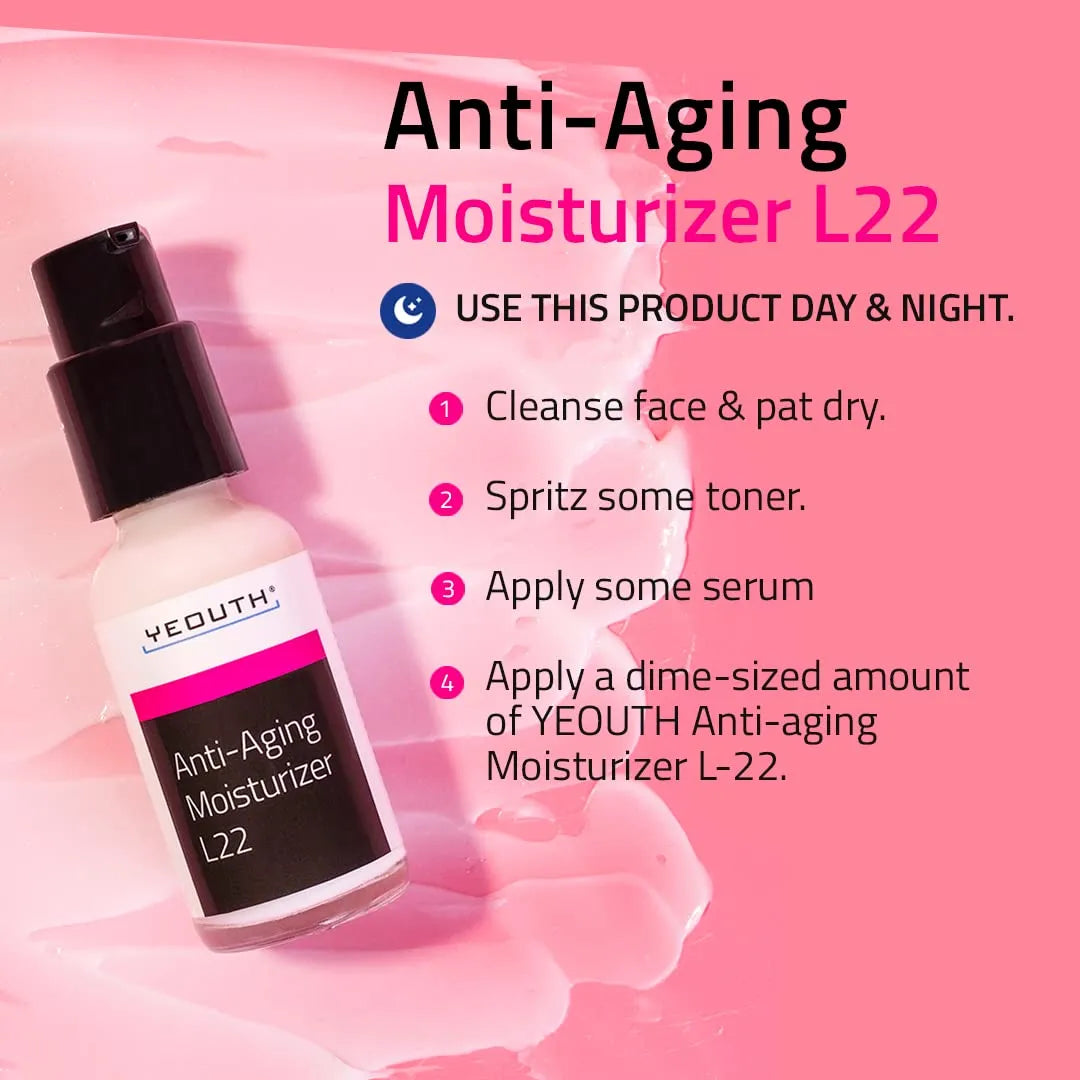 YEOUTH Anti-Aging Moisturizer L22 bottle shown on pink background with day and night skincare routine steps.