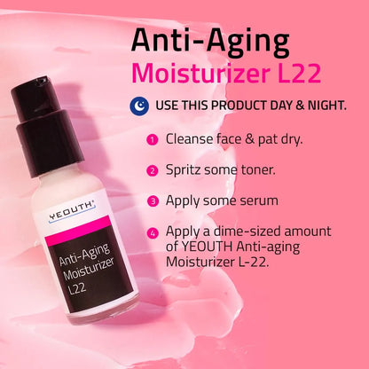 YEOUTH Anti-Aging Moisturizer L22 bottle shown on pink background with day and night skincare routine steps.