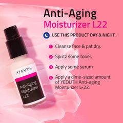 YEOUTH Anti-Aging Moisturizer L22 bottle shown on pink background with day and night skincare routine steps.