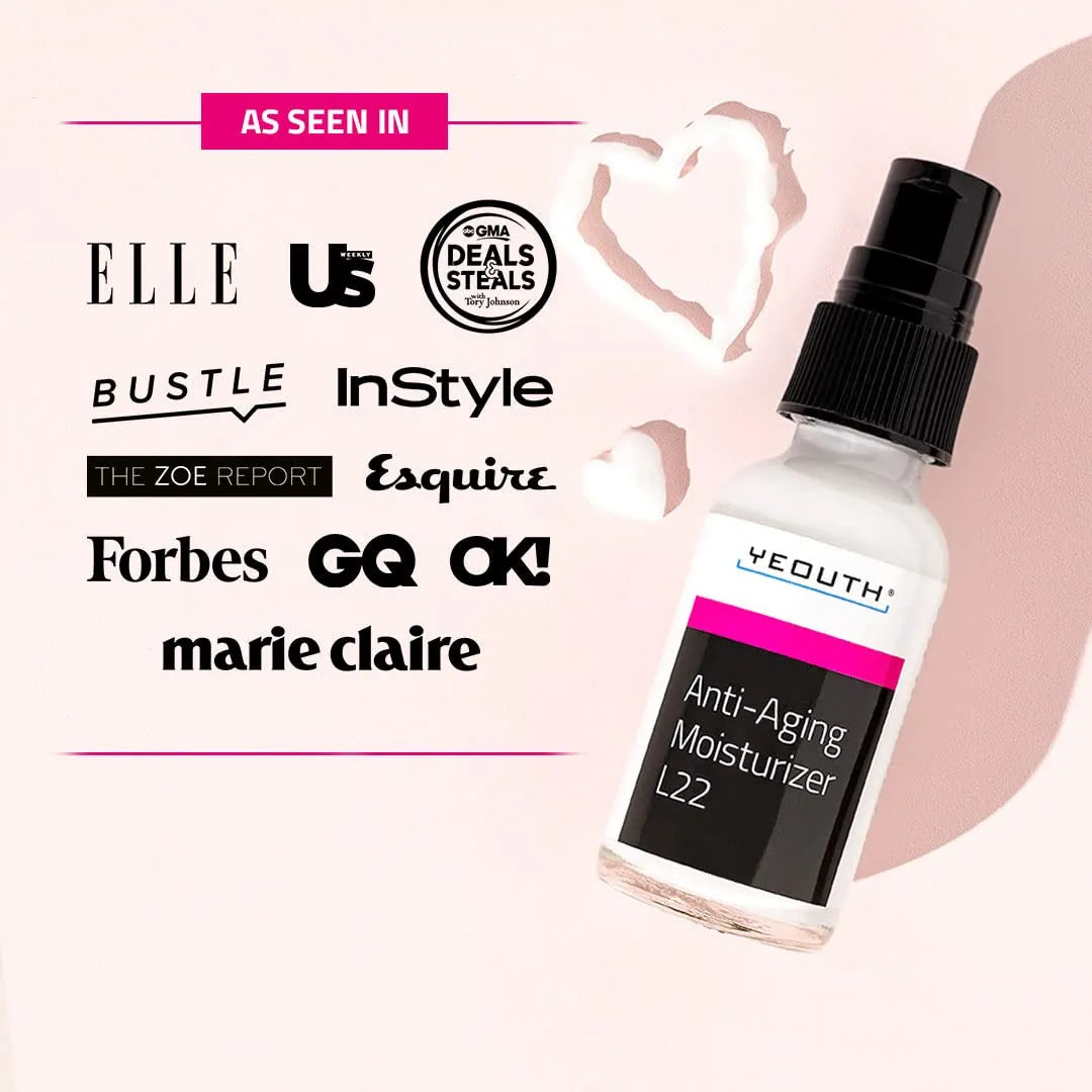 YEOUTH Anti-Aging Moisturizer L22 bottle beside heart-shaped cream smear, with media logos like InStyle and Forbes.