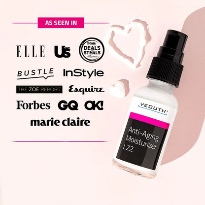 YEOUTH Anti-Aging Moisturizer L22 bottle beside heart-shaped cream smear, with media logos like InStyle and Forbes.