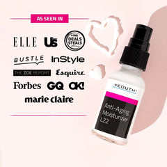 YEOUTH Anti-Aging Moisturizer L22 bottle beside heart-shaped cream smear, with media logos like InStyle and Forbes.