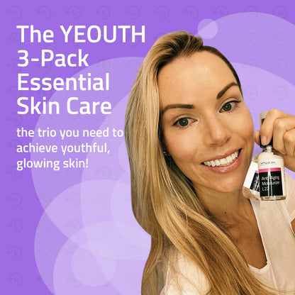 Smiling woman holding YEOUTH Anti-Aging Moisturizer L22 with text promoting the YEOUTH 3-Pack facial gift set.