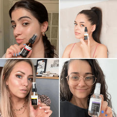 Four women smiling and holding YEOUTH best skin products for aging skin, Retinol Serum, Vitamin C Serum, and Facial Toner