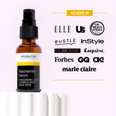YEOUTH best niacinamide serum bottle shown with media logos including ELLE, InStyle, Forbes, GQ, and Marie Claire