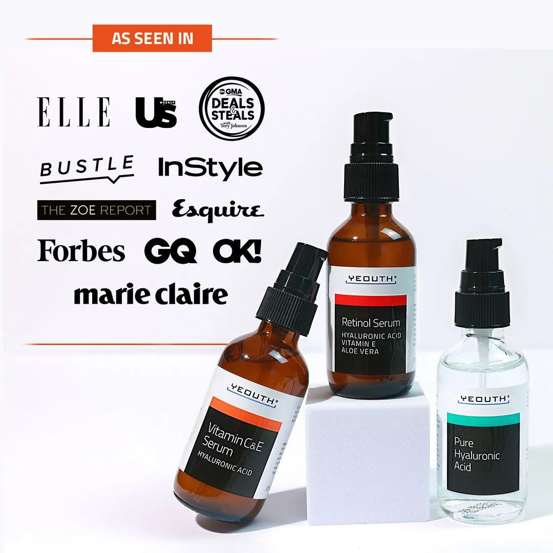 Face Serum Set YEOUTH day and night serum set Vitamin C &amp; E, Retinol, and Pure Hyaluronic Acid—displayed including ELLE, InStyle, Forbes.